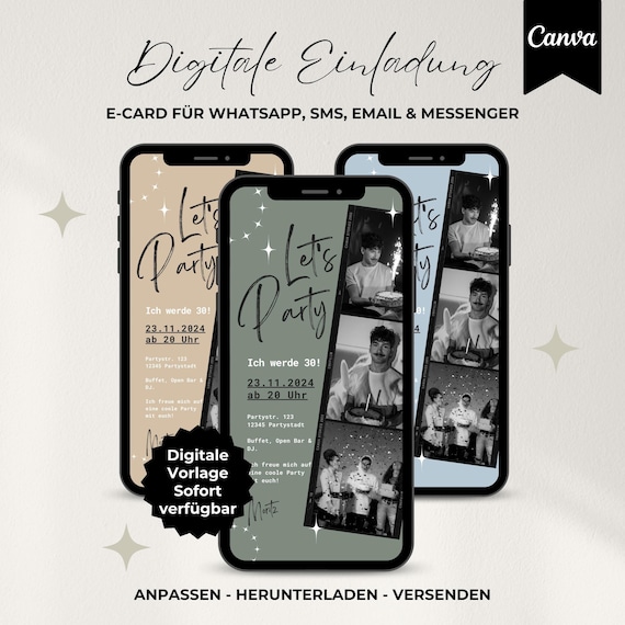 Digitale Einladung 30. Geburtstag Mann, WhatsApp eCard Einladung mit Foto, Handy Einladung Party, Einladungskarte Download Canva Vorlage