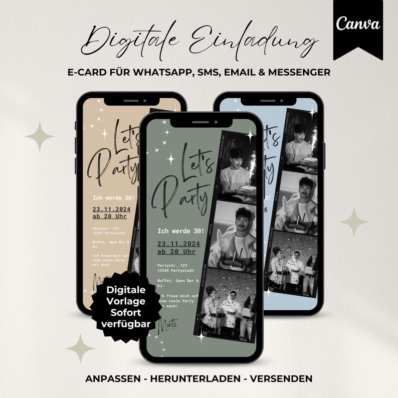 Digitale Einladung 30. Geburtstag Mann, WhatsApp Einladung Handy, Party Einladung, Vorlage  Einladungskarte Canva mit Foto, personalisierbar