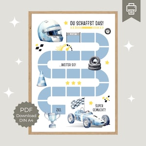 Puede incluir: Un gráfico imprimible de temática de carreras de coches azul y amarillo con el texto "DU SCHAFFST DAS!" y "...WEITER SO!" y "ZIEL" y "SUPER GEMACHT!"