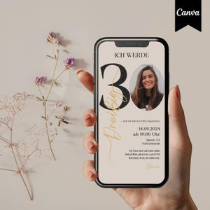 Digitale Einladung Geburtstag mit Zahl für jedes Alter anpassbar, WhatsApp Einladung, eCard fürs Handy, Canva Vorlage für Einladung