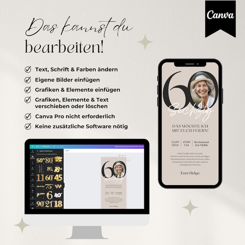 Digitale Einladung Geburtstag personalisierbar, WhatsApp Einladung für Handy mit Zahl und Foto, ecard, Canva Vorlage für Einladungskarte, 60. Geburtstag
