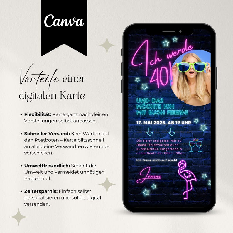 Digitale Einladung 40. Geburtstag 80er Jahre Mottoparty, WhatsApp Einladung retro neon Party, Geburtstagseinladung Vorlage, back to the 80s Einladungskarte digital, eCard Einladung Flamingo