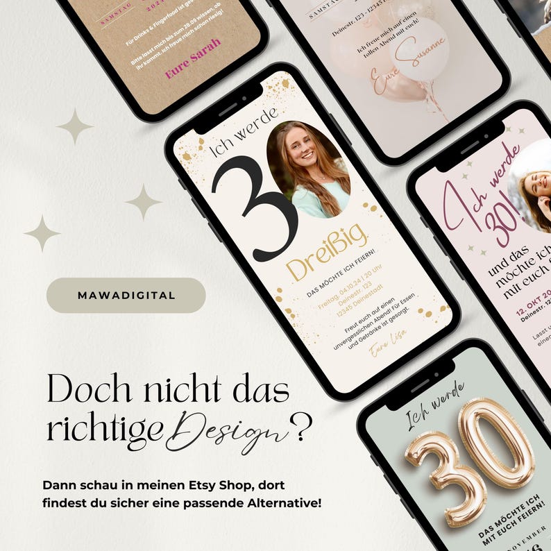 Digitale Einladung Geburtstag mit Zahl für jedes Alter anpassbar, WhatsApp Einladung, eCard fürs Handy, Canva Vorlage für Einladung