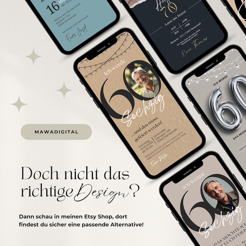 Digitale Einladung 60. Geburtstag, Einladung Handy, WhatsApp Einladung Geburtstag Mann, Canva Vorlage Einladungskarte personalisierbar