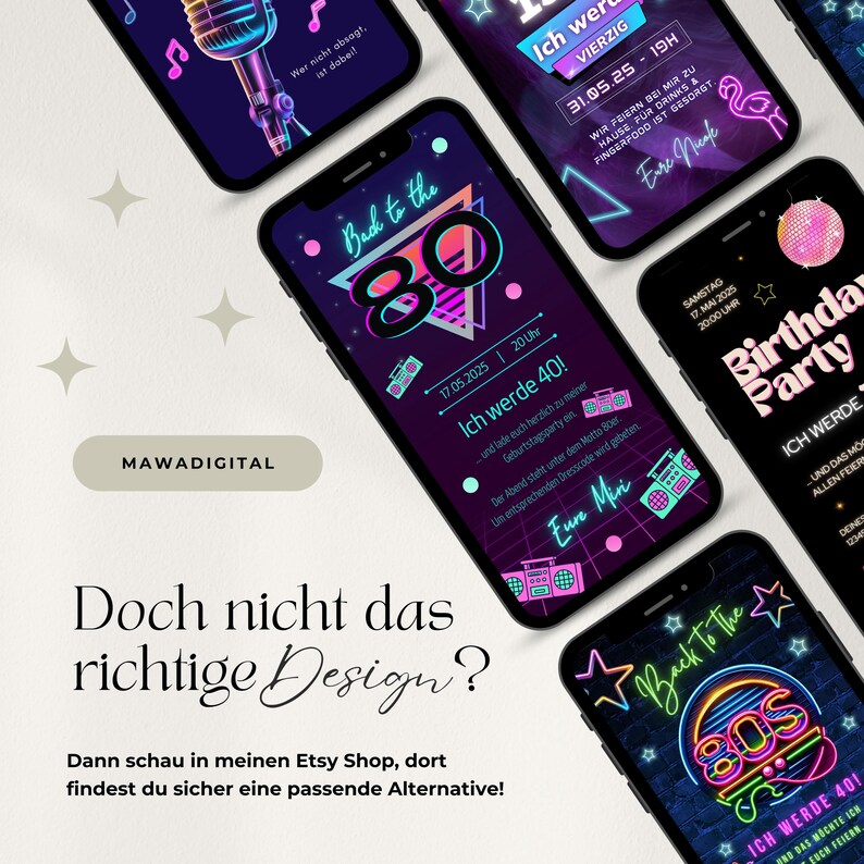Digitale Einladung 40. Geburtstag 80er Jahre Mottoparty, WhatsApp Einladung retro neon Party, Geburtstagseinladung Vorlage, back to the 80s Einladungskarte digital, eCard Einladung Flamingo