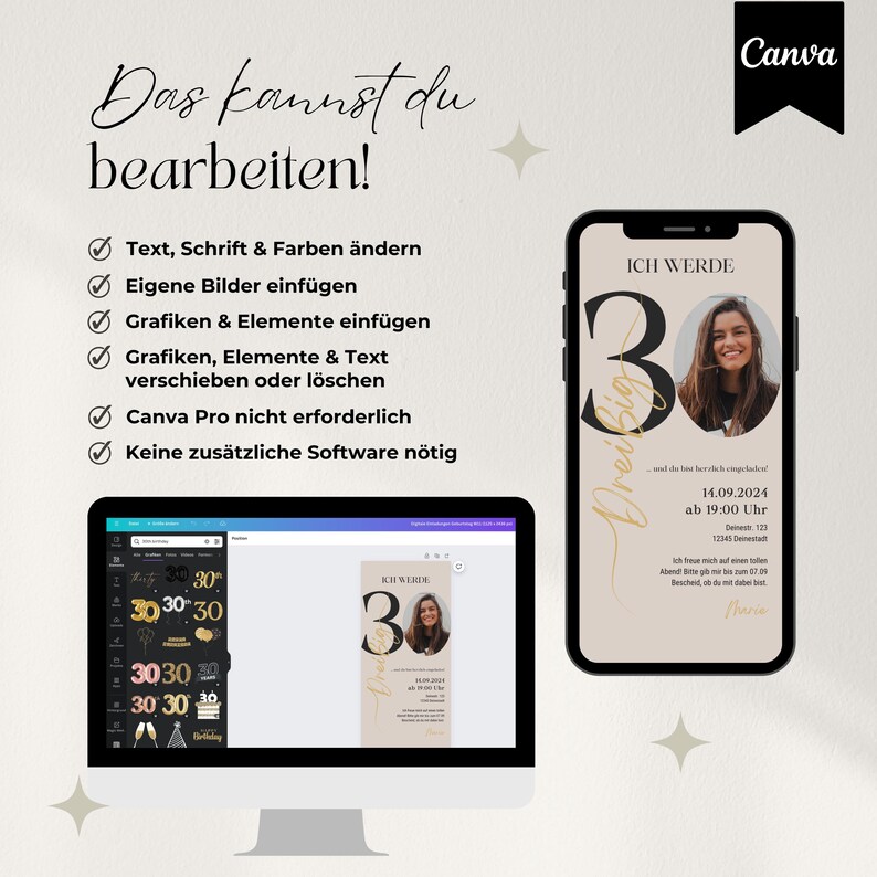 Digitale Einladung Geburtstag mit Zahl für jedes Alter anpassbar, WhatsApp Einladung, eCard fürs Handy, Canva Vorlage für Einladung