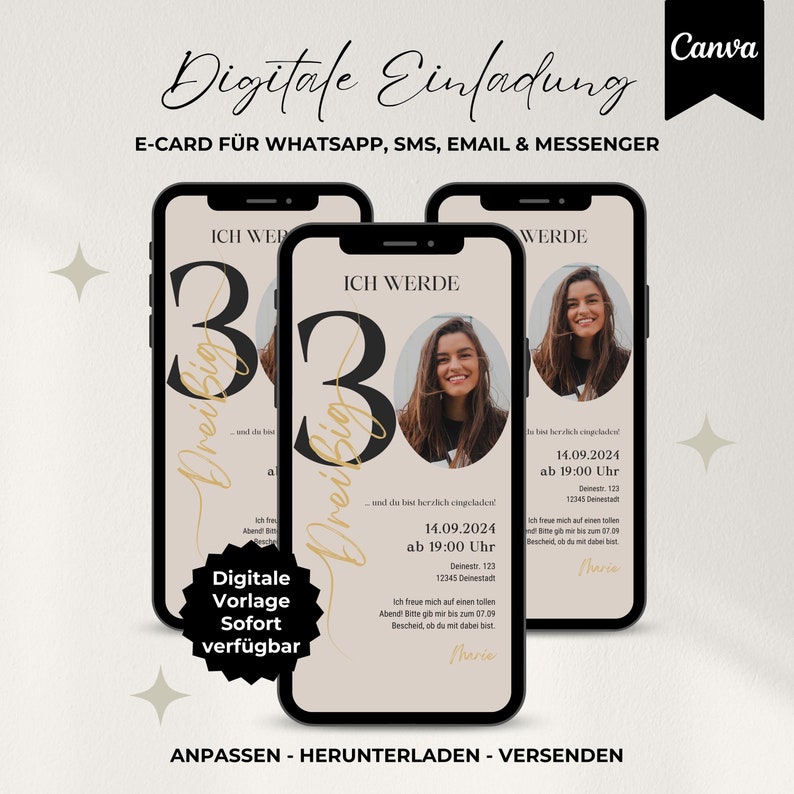 Digitale Einladung 30. Geburtstag Frau, WhatsApp Einladung mit Foto, Handy Einladung, Canva Vorlage für Einladungskarte