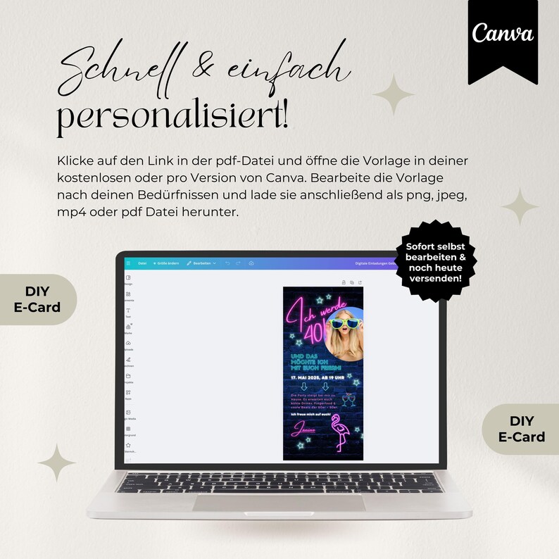 Digitale Einladung 40. Geburtstag 80er Jahre Mottoparty, WhatsApp Einladung retro neon Party, Geburtstagseinladung Vorlage, back to the 80s Einladungskarte digital, eCard Einladung Flamingo