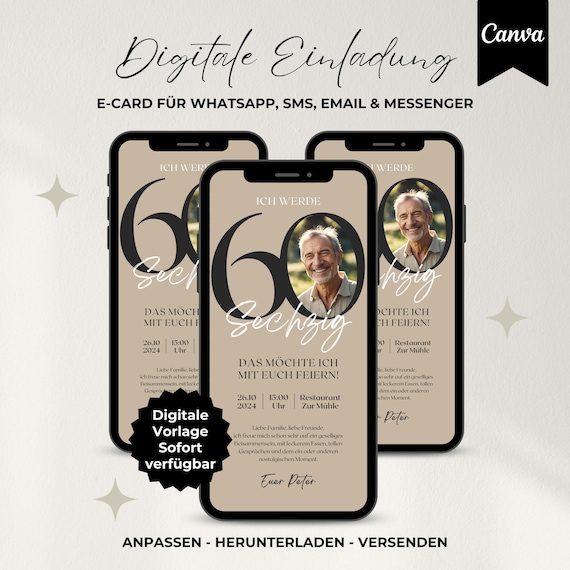 Digitale Einladung 60. Geburtstag, WhatsApp Einladung, eCard Party, Handyeinladung personalisierbar mit Foto, Canva Vorlage, Download