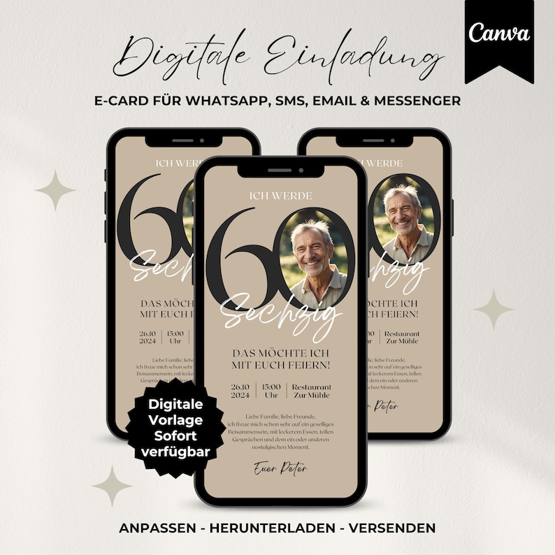 Digitale Einladung 60. Geburtstag, WhatsApp Einladung Handy, Geburtstagseinladung Canva Vorlage, digitale Einladungskarte mit Foto personalisierbar