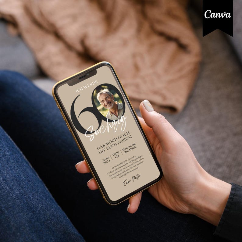 Digitale Einladung 60. Geburtstag, Handyeinladung für WhatsApp, Canva Vorlage Einladungskarte mit Foto personalisierbar