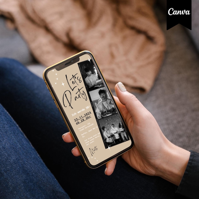Digitale Einladung Geburtstag, Handyeinladung für WhatsApp, Party Einladung, Canva Vorlage für Einladung mit Foto, personalisierbar
