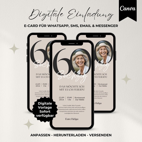 Digitale Einladung Geburtstag Zahl, WhatsApp Einladung, eCard, Handyeinladung, Geburtstagseinladung 60., personalisierbare Canva Vorlage