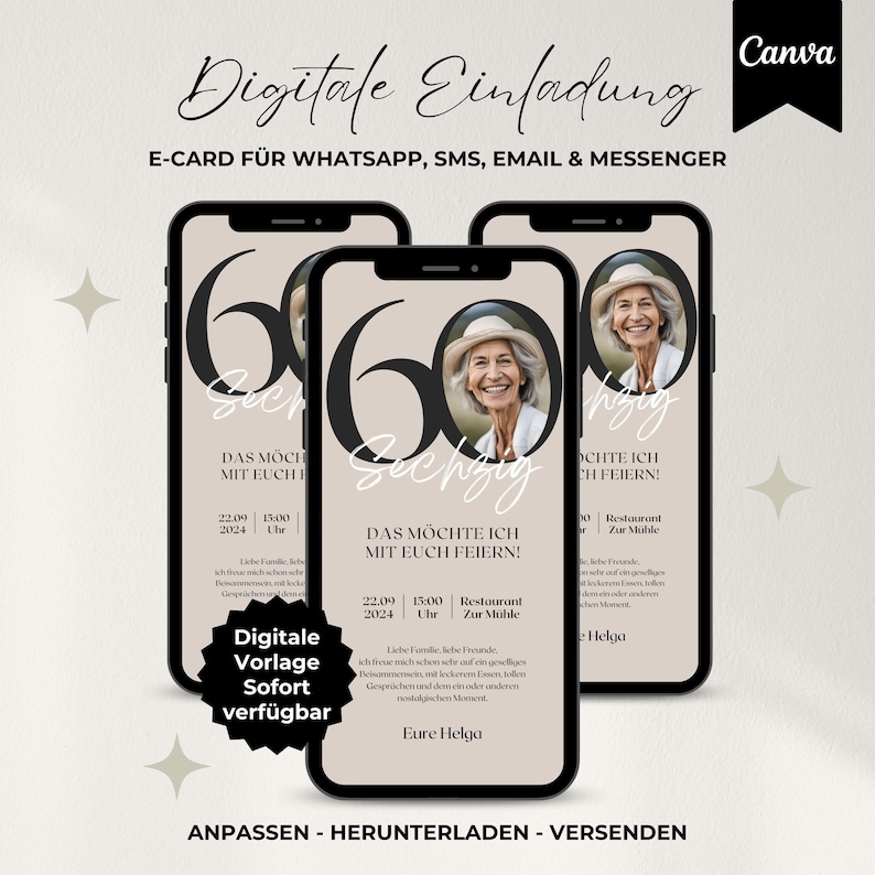 Digitale Einladung 60.Geburtstag personalisierbar, WhatsApp Einladung mit Foto, Handy Einladung, ecard, Canva Vorlage für Einladungskarte, 60. Geburtstag