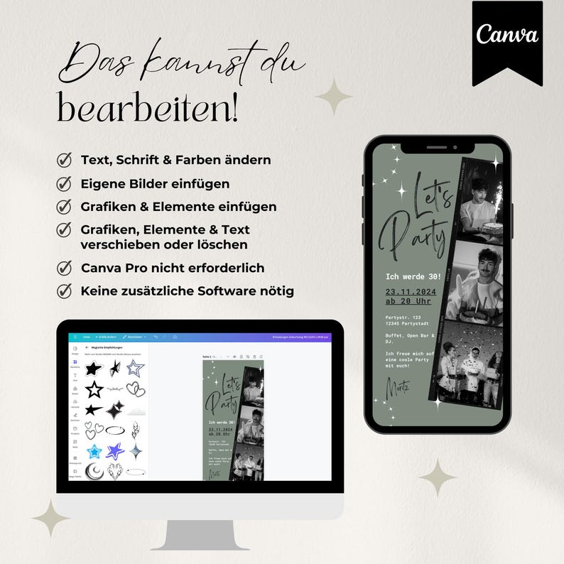 Digitale Einladung Geburtstag, Handyeinladung für WhatsApp, Party Einladung, Canva Vorlage für Einladung mit Foto, personalisierbar