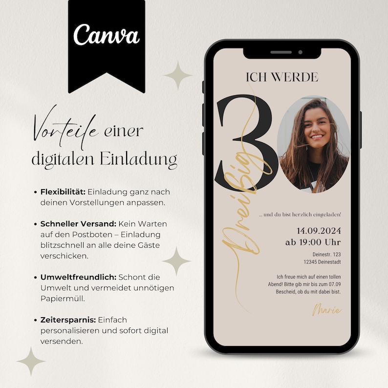 Digitale Einladung Geburtstag mit Zahl für jedes Alter anpassbar, WhatsApp Einladung, eCard fürs Handy, Canva Vorlage für Einladung