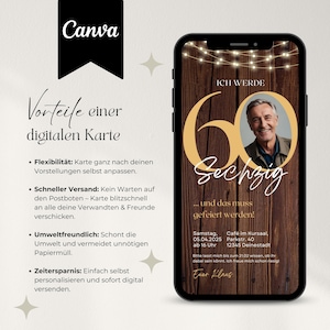 Digitale Einladung 60 Geburtstag Mann, WhatsApp Einladung Geburtstag, eCard Geburtstag mit Foto, Canva Vorlage Einladungskarte digital
