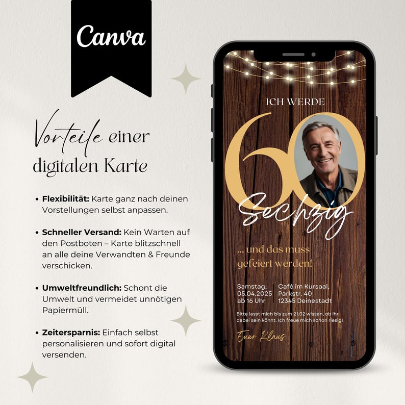 Digitale Einladung 60 Geburtstag Mann, WhatsApp Einladung Geburtstag, eCard Geburtstag mit Foto, Canva Vorlage Einladungskarte digital