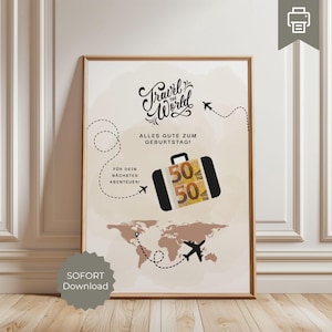 Puede incluir: Un estampado enmarcado con temática de viajes con las palabras "Travel the World" en escritura elegante. El diseño incluye una maleta con "50", un mapa del mundo e ilustraciones de aviones. El texto "Alles Gute zum Geburtstag!" y "Für dein nächstes Abenteuer!"