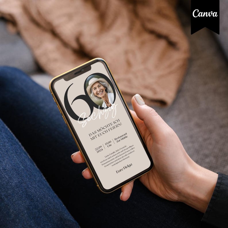 Digitale Einladung Geburtstag personalisierbar, WhatsApp Einladung für Handy mit Zahl und Foto, ecard, Canva Vorlage für Einladungskarte, 60. Geburtstag