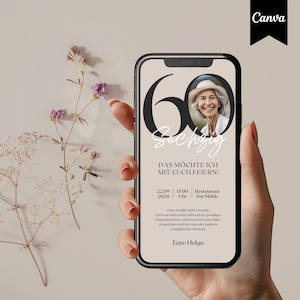 Digitale Einladung Geburtstag personalisierbar, WhatsApp Einladung für Handy mit Zahl und Foto, ecard, Canva Vorlage für Einladungskarte, 60. Geburtstag