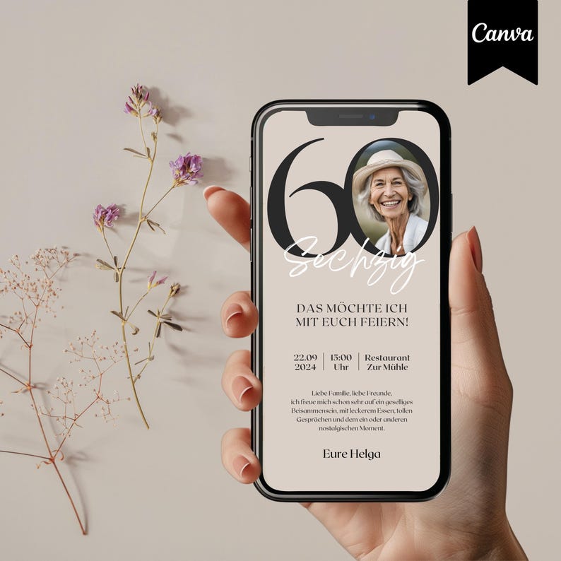 Digitale Einladung Geburtstag personalisierbar, WhatsApp Einladung für Handy mit Zahl und Foto, ecard, Canva Vorlage für Einladungskarte, 60. Geburtstag