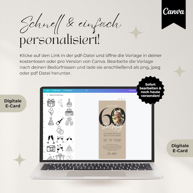 Digitale Einladung 60. Geburtstag, Handyeinladung für WhatsApp, Canva Vorlage Einladungskarte mit Foto personalisierbar