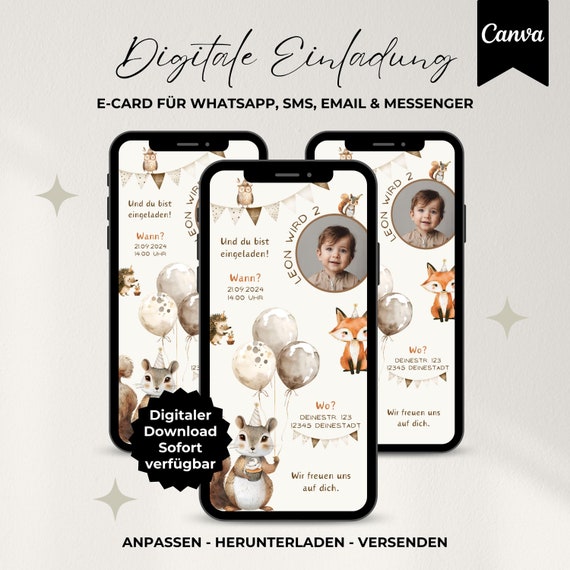 Digitale Einladung Kindergeburtstag, WhatsApp Einladung 1. Geburtstag Waldtiere Fuchs Eule, eCard Geburtstag Junge Foto, Canva Vorlage