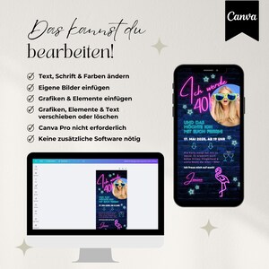 Digitale Einladung 40. Geburtstag 80er Jahre Mottoparty, WhatsApp Einladung retro neon Party, Geburtstagseinladung Vorlage, back to the 80s Einladungskarte digital, eCard Einladung Flamingo
