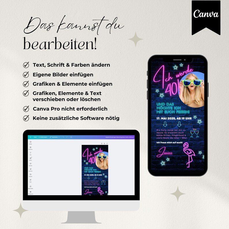 Digitale Einladung 40. Geburtstag 80er Jahre Mottoparty, WhatsApp Einladung retro neon Party, Geburtstagseinladung Vorlage, back to the 80s Einladungskarte digital, eCard Einladung Flamingo