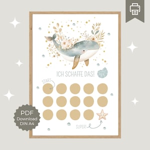 Tabla de recompensas para niños con ballena, aprende rutinas de forma lúdica, motivación a través de la recompensa, plan de recompensas para imprimir A4
