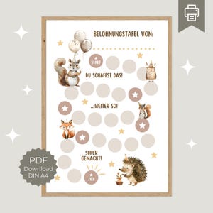 Tabla de recompensas para niños con animales del bosque, rutinas fáciles de aprender de forma lúdica mediante el sistema de recompensas, plan de recompensas en formato PDF para imprimir en formato A4.