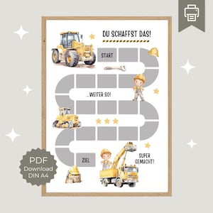 Tableau de récompenses pour les chantiers de construction pour enfants, routines ludiques et faciles à apprendre grâce au système de récompenses, plan de récompenses excavatrice pdf à imprimer