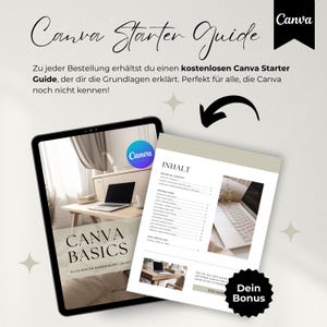 May include: A digital guide titled "Canva Basics" with a light brown background and a white text overlay. The guide is open to a page with a table of contents titled "Inhalt" and a list of topics related to Canva. The guide is on a tablet computer with a white background.