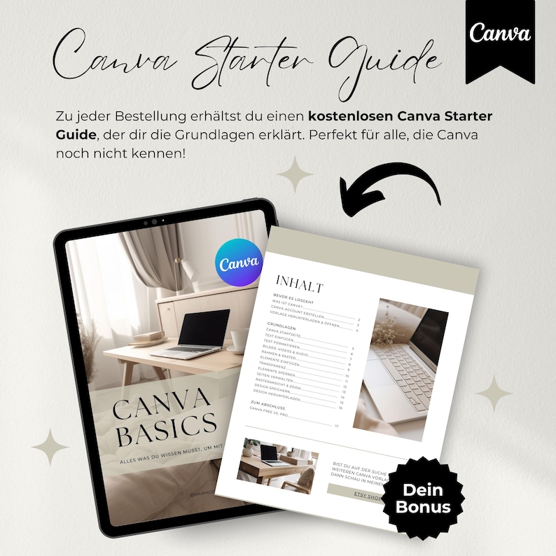 May include: A digital guide titled "Canva Basics" with a light brown background and a white text overlay. The guide is open to a page with a table of contents titled "Inhalt" and a list of topics related to Canva. The guide is on a tablet computer with a white background.