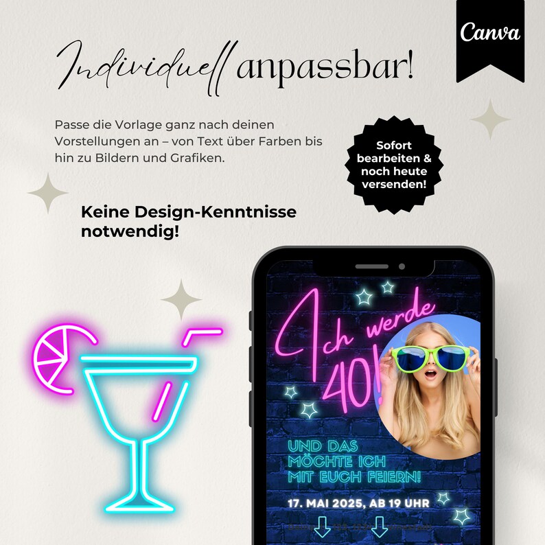 Digitale Einladung 40. Geburtstag 80er Jahre Mottoparty, WhatsApp Einladung retro neon Party, Geburtstagseinladung Vorlage, back to the 80s Einladungskarte digital, eCard Einladung Flamingo
