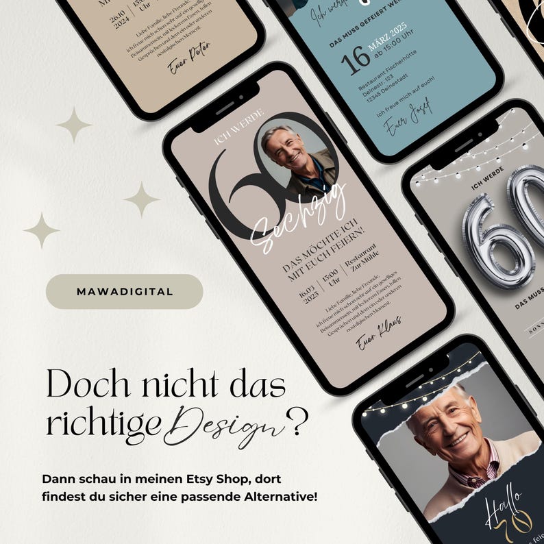Digitale Einladung 60 Geburtstag Mann, WhatsApp Einladung Geburtstag, eCard Geburtstag mit Foto, Canva Vorlage Einladungskarte digital