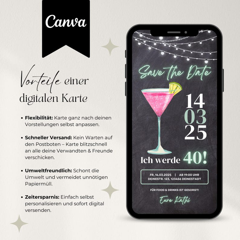 Digitale Einladung 40 Geburtstag, Save the Date Einladung Geburtstag, WhatsApp eCard Einladung Geburtstag, Geburtstagseinladung Vorlage Canva, Einladung Geburtstag digital personalisierbar
