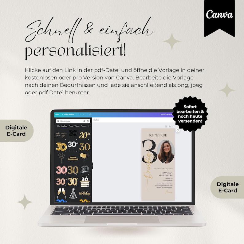 Digitale Einladung Geburtstag mit Zahl für jedes Alter anpassbar, WhatsApp Einladung, eCard fürs Handy, Canva Vorlage für Einladung