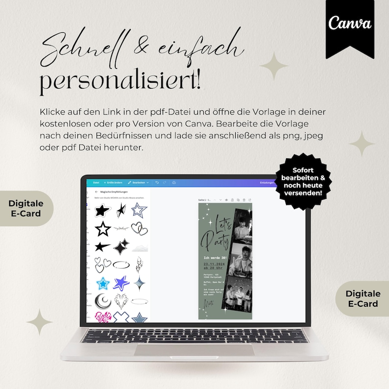 Digitale Einladung Geburtstag, Handyeinladung für WhatsApp, Party Einladung, Canva Vorlage für Einladung mit Foto, personalisierbar