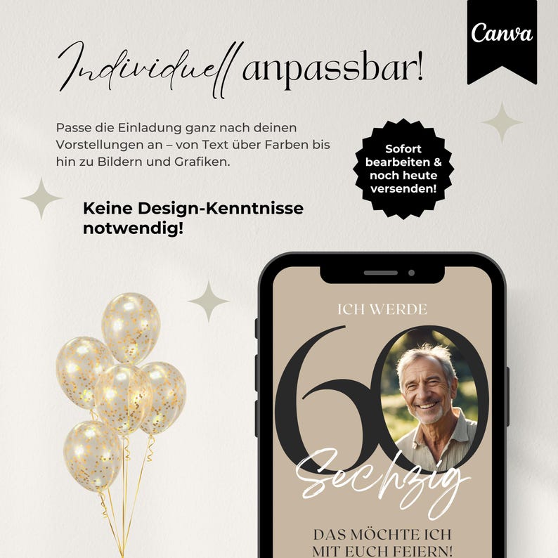 Digitale Einladung 60. Geburtstag, Handyeinladung für WhatsApp, Canva Vorlage Einladungskarte mit Foto personalisierbar