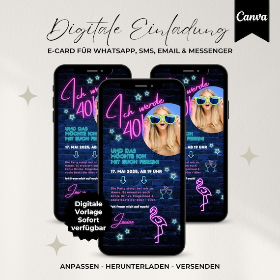 Digitale Einladung 40. Geburtstag Flamingo, WhatsApp Einladung 80er Mottoparty, eCard Einladung 80s mit Foto, Geburtstagseinladung Vorlage
