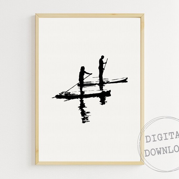 SUP Sketch, Printable Wall Art, Stand Up Paddleboard, Digital Ink Drawing, Watersports Art, Minimalist Black And White Art, Digital Download