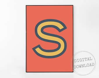 Letter S, Funky Initial Print, Instant Download, Colorful Teen Room Decor, College Apartment Wall Art, Typography Poster, Nursery Wall Art