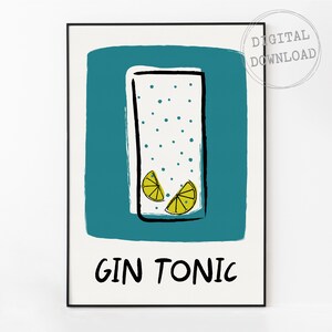 Gin Tonic, kleurrijke cocktail afdrukbare poster, Bar Cart Decor, Funky Drinks Wall Art, Mid Century Modern Retro Sketch, Instant Download