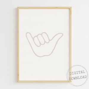 Shaka Hand Sign, Beige, Printable Wall Art, Hang Loose, Minimalist Surf Décor, Line Art, Hawaii Art Print, Bedroom Poster, Instant Download