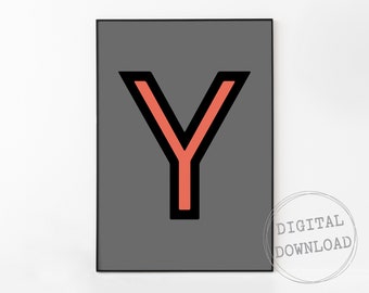 Colorful Letter Y Print, Instant Download, Funky Typography Poster, Vibrant Wall Art, Gray And Red Letter Print, Teen Room Decor, Retro Type