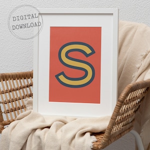 Letter S, Funky Initial Print, Instant Download, Colorful Teen Room Decor, College Apartment Wall Art, Typography Poster, Nursery Wall Art
