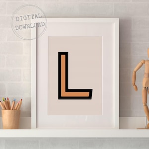 Letra L original, descarga digital instantánea, póster tipográfico, impresión inicial personalizada, impresión artística rosa y naranja, mayúscula, regalo para bebé