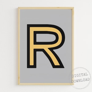 Funky letter R, instant download, aangepaste eerste afdruk, poster vetgedrukte typografie, hoofdletter kunst aan de muur, retro afdrukbaar type, jongenskamerkunst